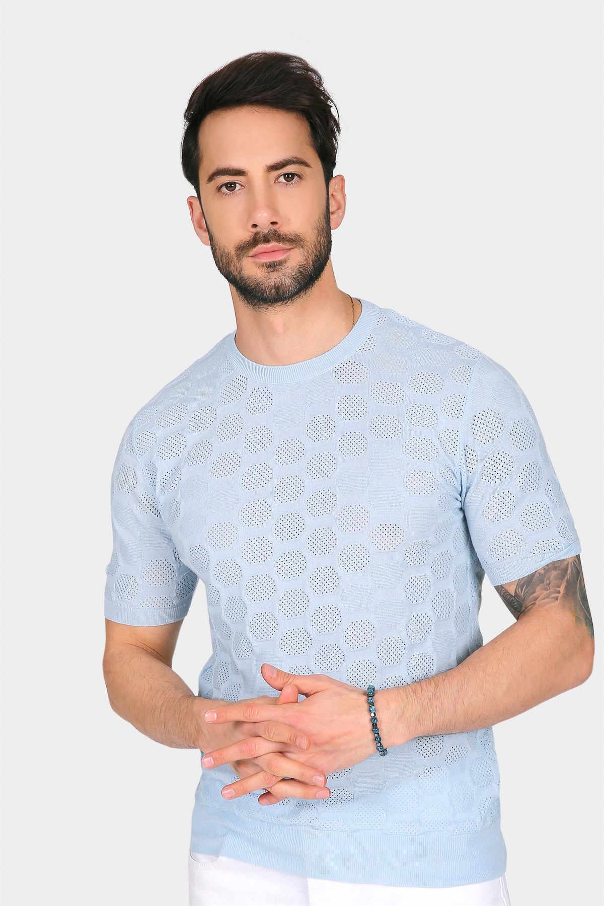 Ferraro Erkek Petek Desenli Bisiklet Yaka Triko T Shirt - Mavi