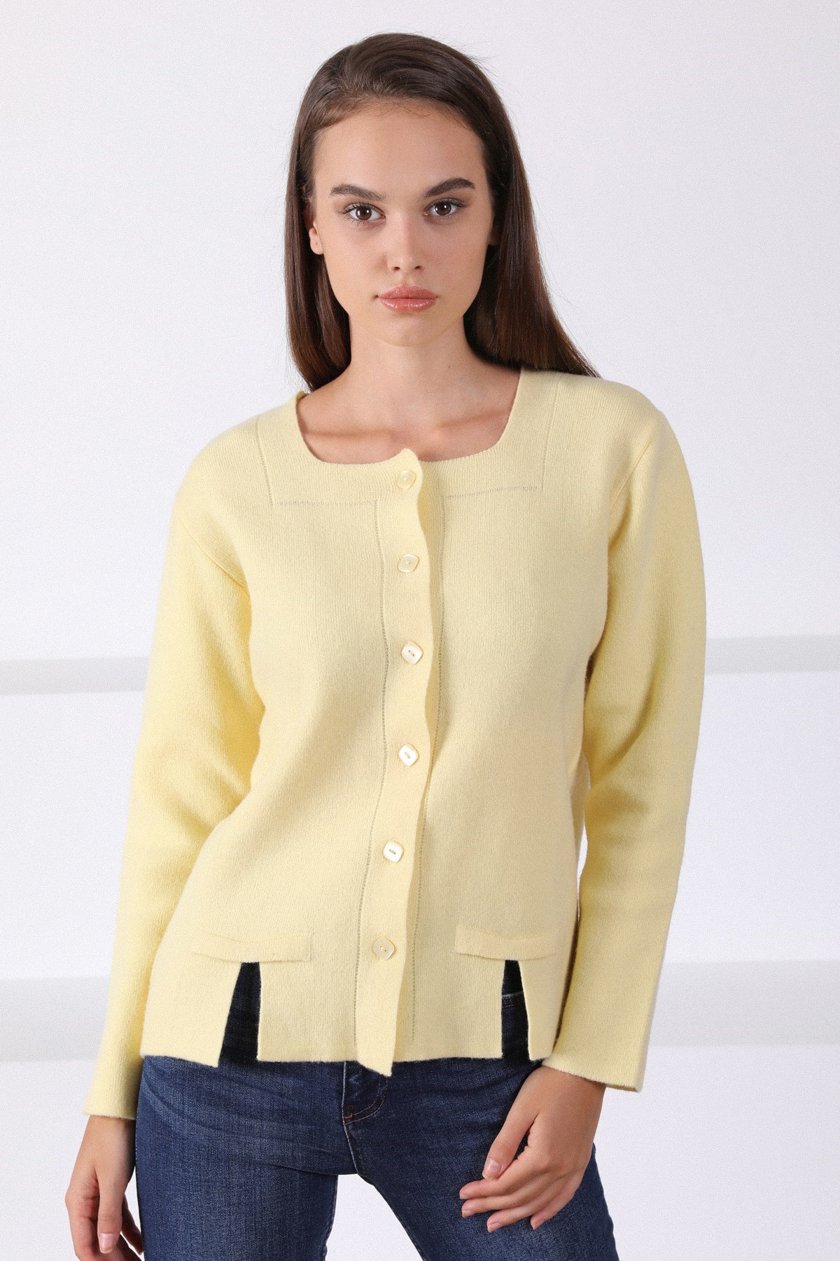 Ferraro Sarı Kare Yaka Yünlü Kadın Triko Ceket