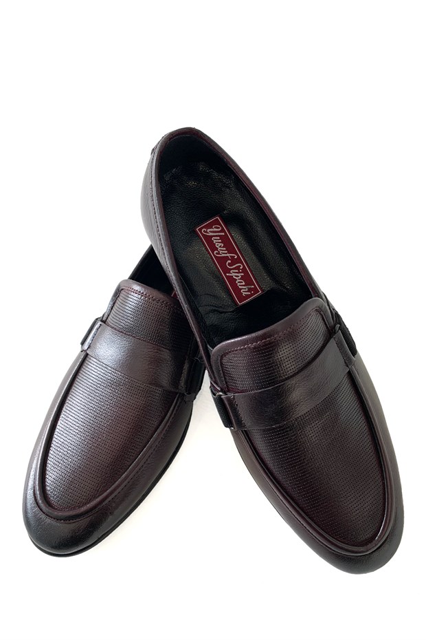 Bordo Hakiki Deri Bağcıksız Orta Topuk Klasik Erkek Ayakkabı