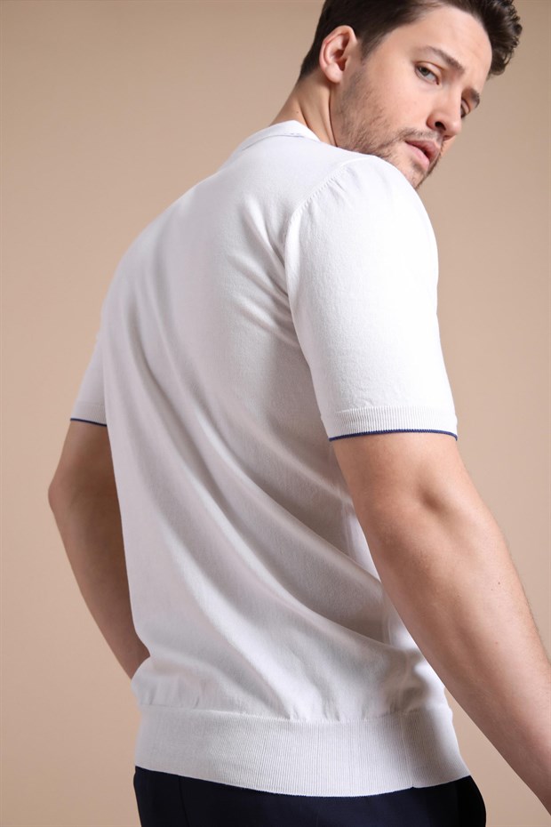 Ferraro Beyaz Polo Yaka Fermuarlı Erkek Pamuk Triko T-Shirt