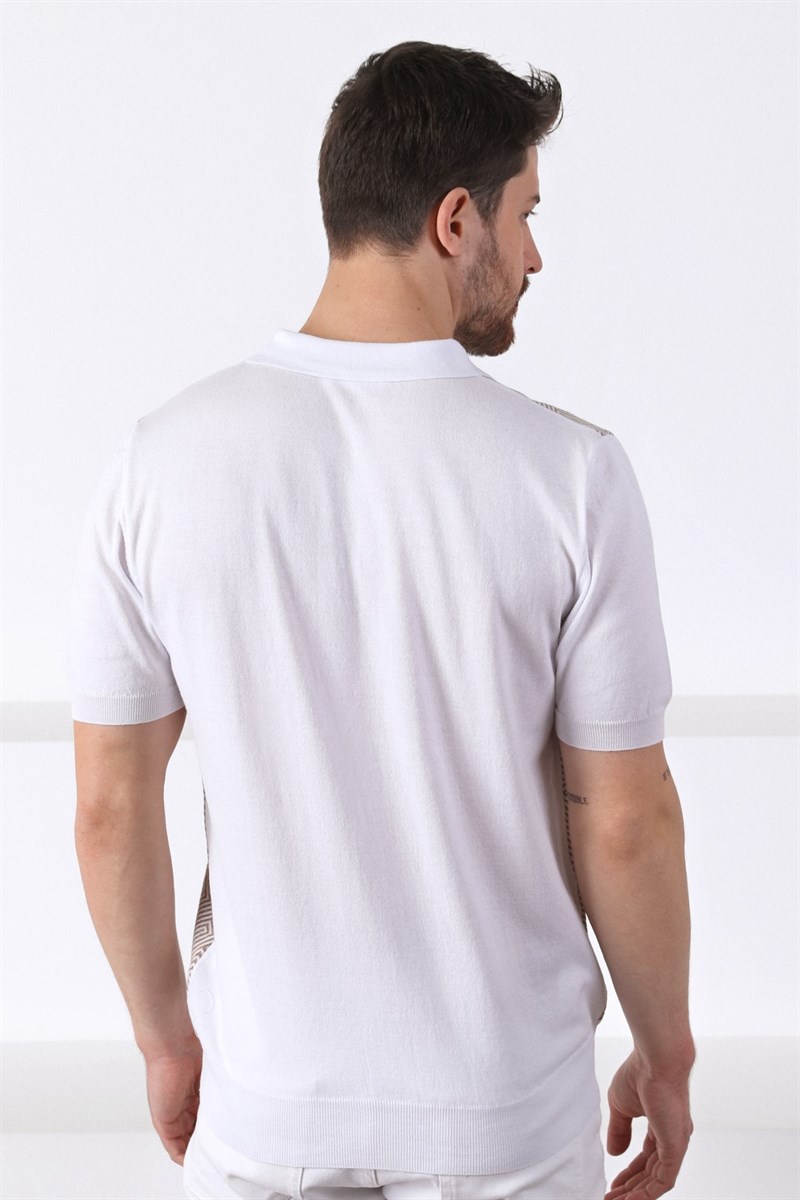 Ferraro Beyaz/Bej Polo Yaka Desenli Erkek Pamuk Triko T-Shirt