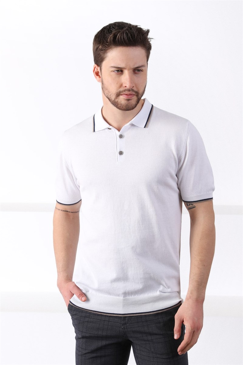 Ferraro Beyaz/Bej Yaka Şerit Düğmeli Erkek Pamuk Triko T-Shirt