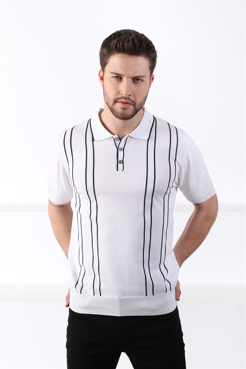 Ferraro Beyaz/Laci Polo Yaka Dik Çizgili Erkek Pamuk Triko T-Shirt