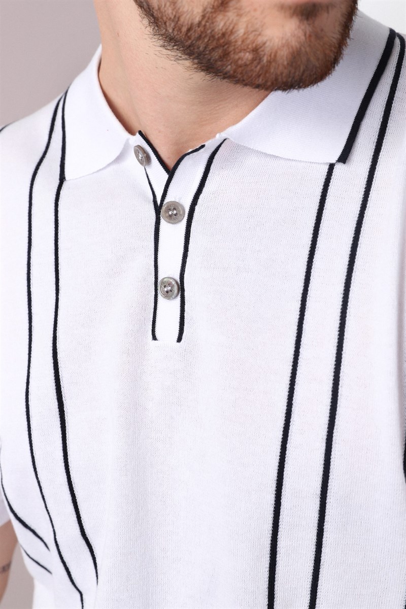Ferraro Beyaz/Laci Polo Yaka Dik Çizgili Erkek Pamuk Triko T-Shirt