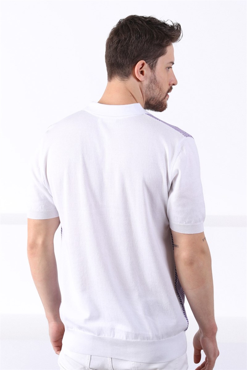 Ferraro Beyaz/Petunia Polo Yaka Desenli Erkek Pamuk Triko T-Shirt