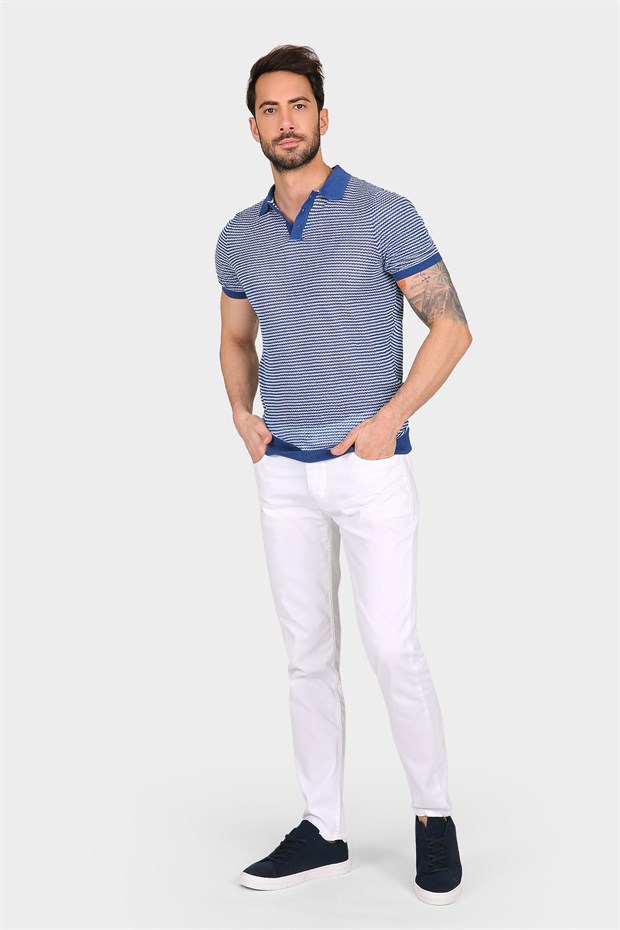 Ferraro Erkek Beyaz Çizgili Delikli Polo Yaka Düğmeli Triko T Shirt - Saks Mavi