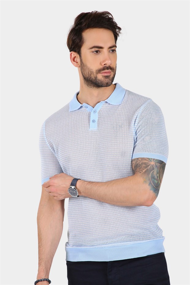 Ferraro Erkek Beyaz Çizgili Delikli Polo Yaka Düğmeli Triko T Shirt - Mavi