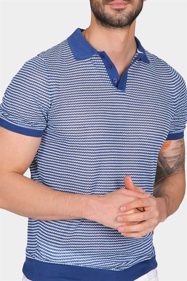 Ferraro Erkek Beyaz Çizgili Delikli Polo Yaka Düğmeli Triko T Shirt - Saks Mavi