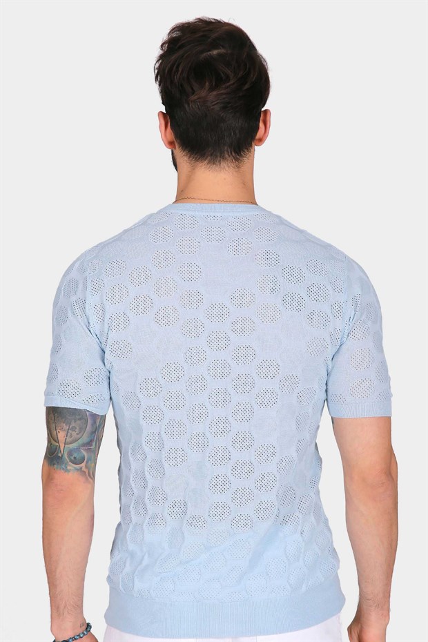 Ferraro Erkek Petek Desenli Bisiklet Yaka Triko T Shirt - Mavi