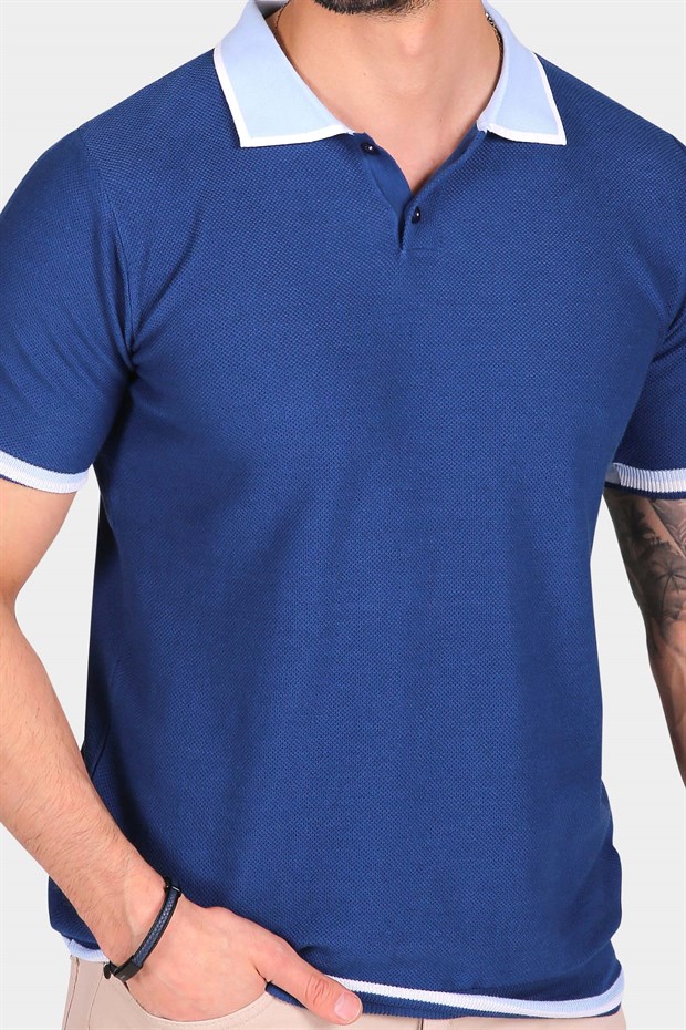 Ferraro Erkek Yaka Detaylı Pike Örgülü Polo Yaka Düğmeli Triko T Shirt - Marin A.Mavi