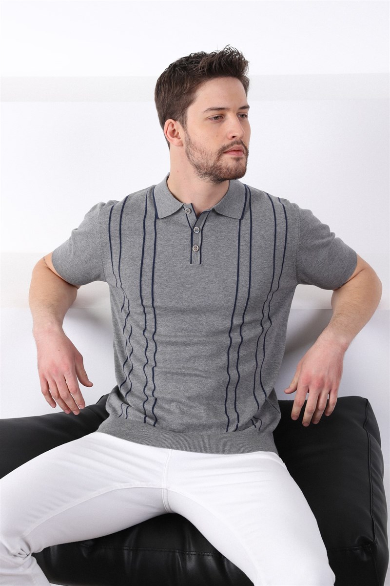Ferraro Gri/Laci Polo Yaka Dik Çizgili Erkek Pamuk Triko T-Shirt