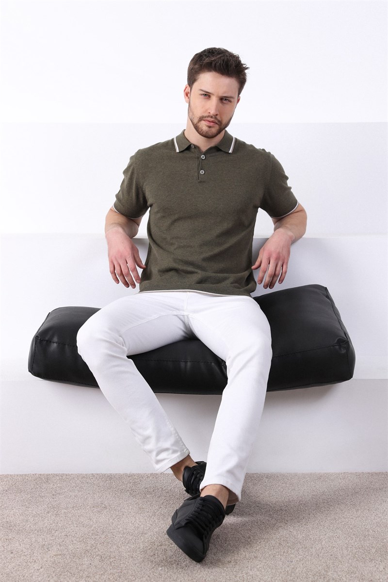 Ferraro Haki/Beyaz Yaka Şerit Düğmeli Erkek Pamuk Triko T-Shirt
