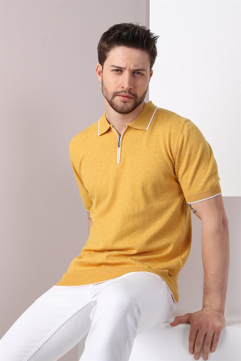 Ferraro K.Sarı Yaka Şerit Fermuarlı Erkek Pamuk Triko T-Shirt