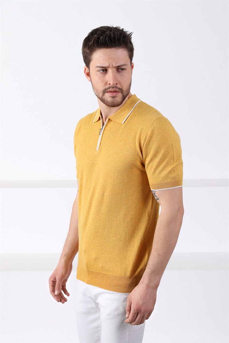 Ferraro K.Sarı Yaka Şerit Fermuarlı Erkek Pamuk Triko T-Shirt