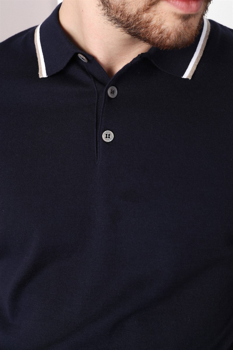 Ferraro Laci/Beyaz Yaka Şerit Düğmeli Erkek Pamuk Triko T-Shirt