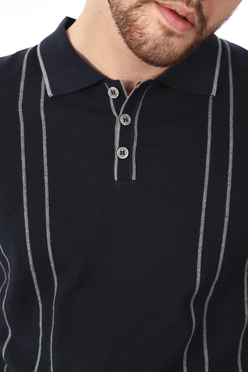Ferraro Laci/Gri Polo Yaka Dik Çizgili Erkek Pamuk Triko T-Shirt
