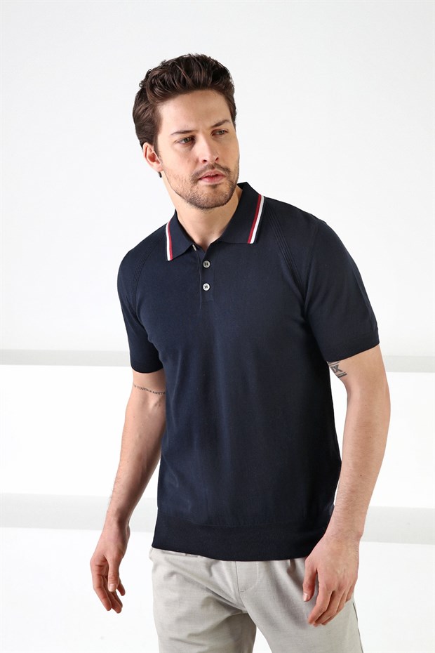 Ferraro Lacivert Düğmeli Polo Yaka %100 Pamuk Erkek Triko T-Shirt