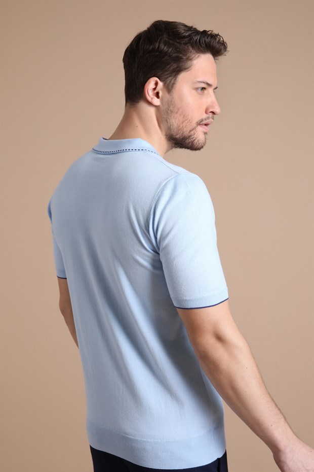 Ferraro Mavi Polo Yaka Fermuarlı Erkek Pamuk Triko T-Shirt