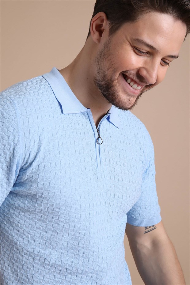 Ferraro Mavi Polo Yaka Fermuarlı Erkek Pamuk Triko T-Shirt
