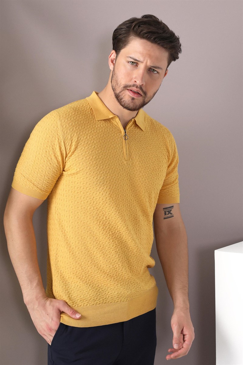 Ferraro Sarı Polo Yaka Fermuarlı Erkek Pamuk Triko T-Shirt