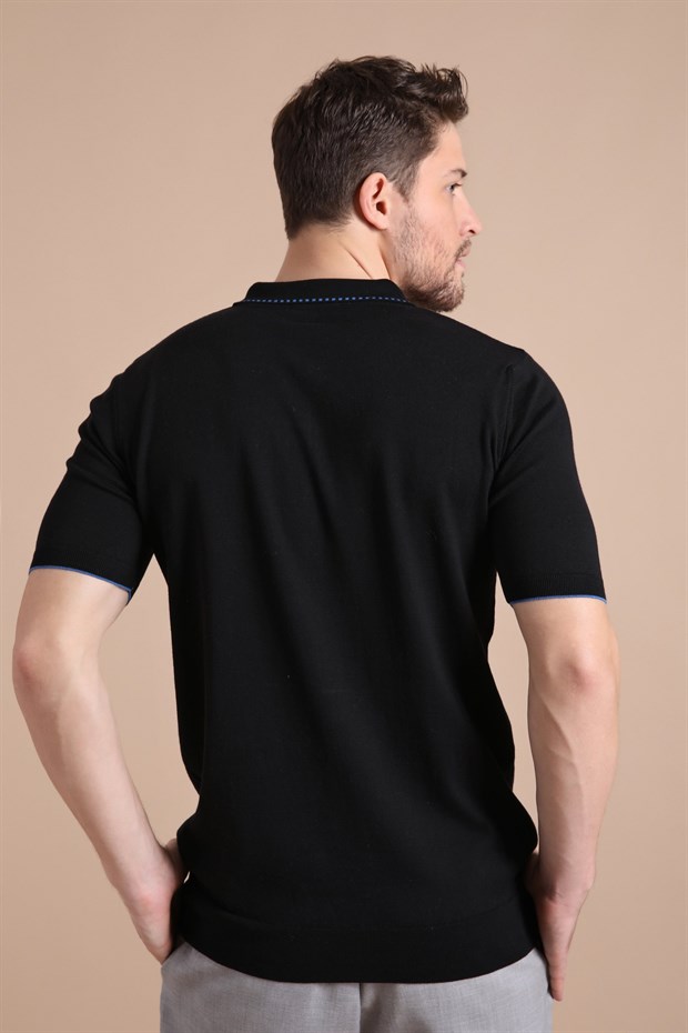Ferraro Siyah Polo Yaka Fermuarlı Erkek Pamuk Triko T-Shirt