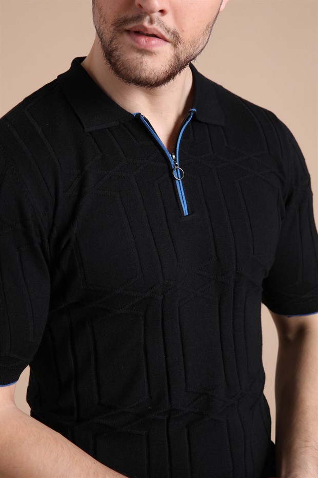 Ferraro Siyah Polo Yaka Fermuarlı Erkek Pamuk Triko T-Shirt