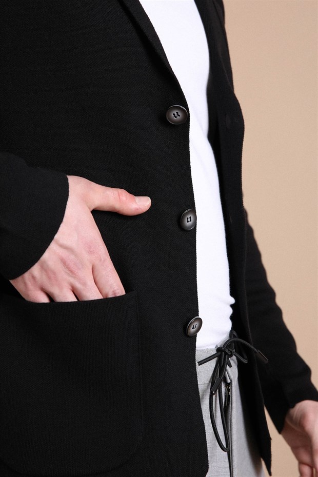 Ferraro Üç Düğmeli İnce Pamuk Triko Ceket - Siyah