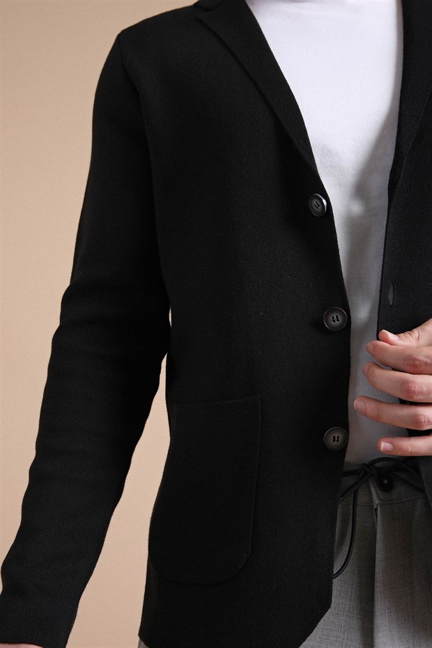 Ferraro Üç Düğmeli İnce Pamuk Triko Ceket - Siyah
