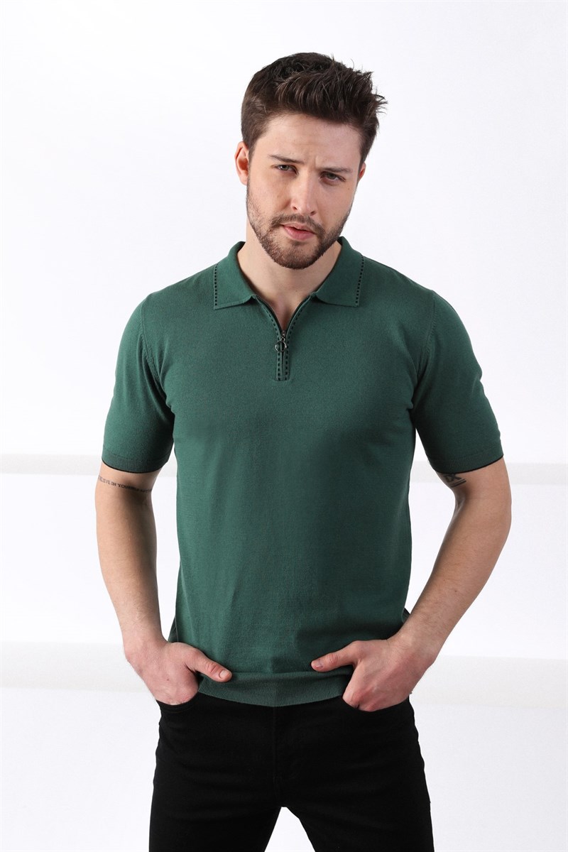 Ferraro Yeşil Polo Yaka Fermuarlı Erkek Pamuk Triko T-Shirt