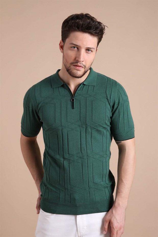 Ferraro Yeşil Polo Yaka Fermuarlı Erkek Pamuk Triko T-Shirt