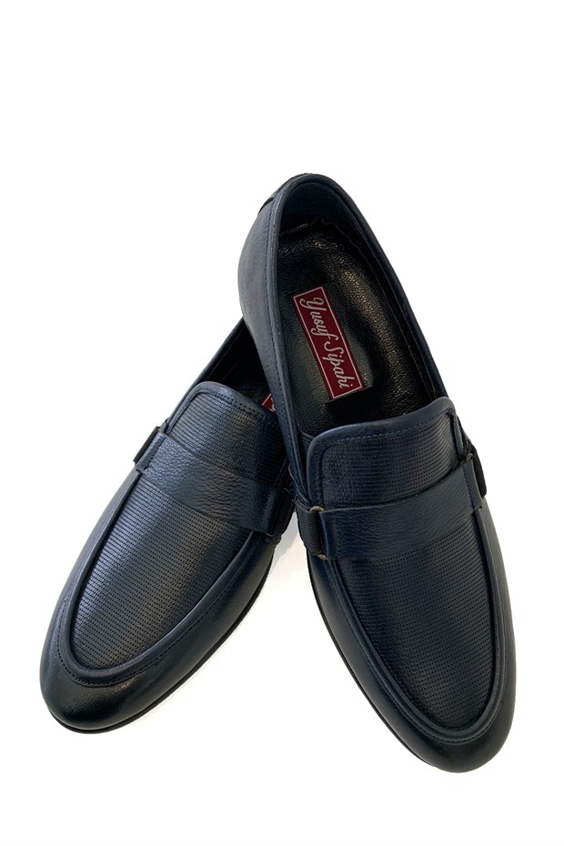 Lacivert Hakiki Deri Bağcıksız Orta Topuk Klasik Erkek Ayakkabı