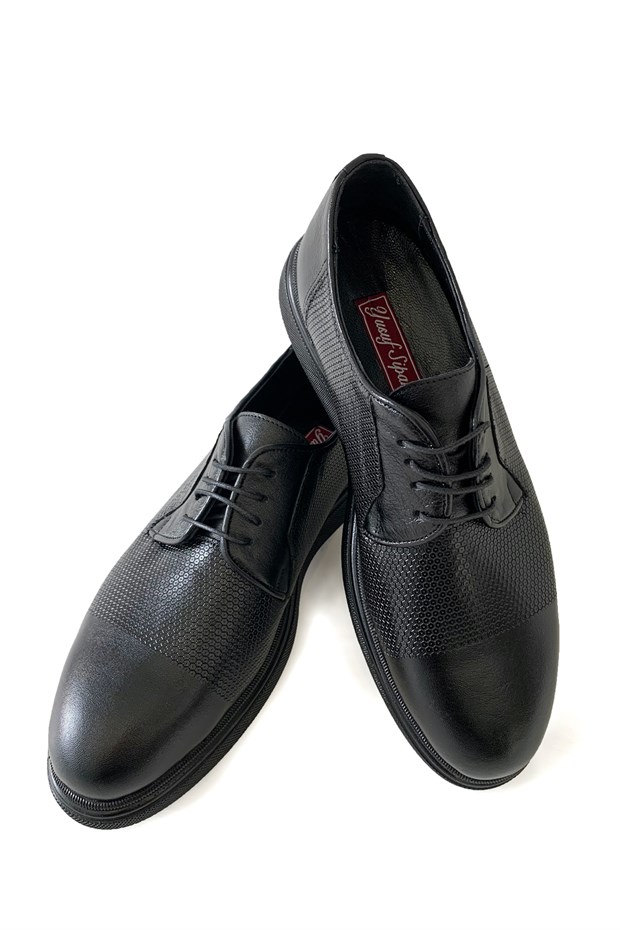 Siyah Hakiki Deri Bağcıklı Orta Topuk Günlük Erkek Ayakkabı